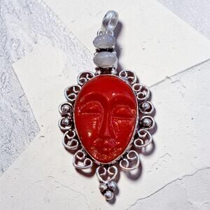 Carved Red Agate Face Rainbow Moonstone Sterling Silver Plated Pendant
